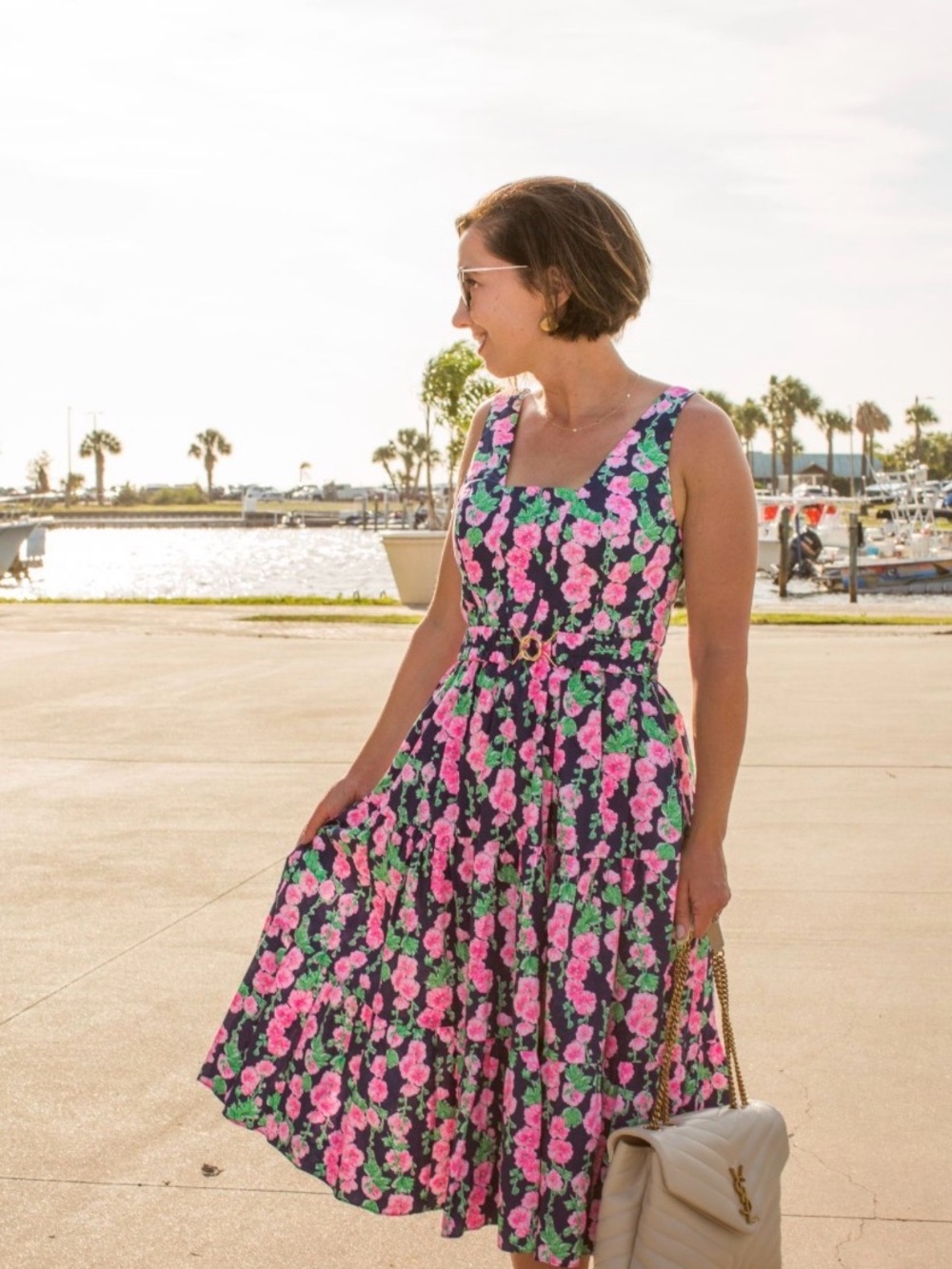 Lilly Pulitzer Navy Dress with Pink Floral & Green Leaves